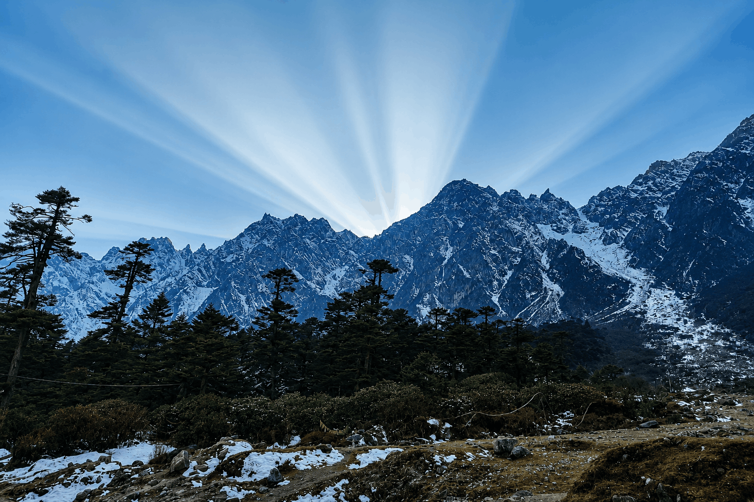 A panoramic Himalayan view spanning mountain roads and villages.
