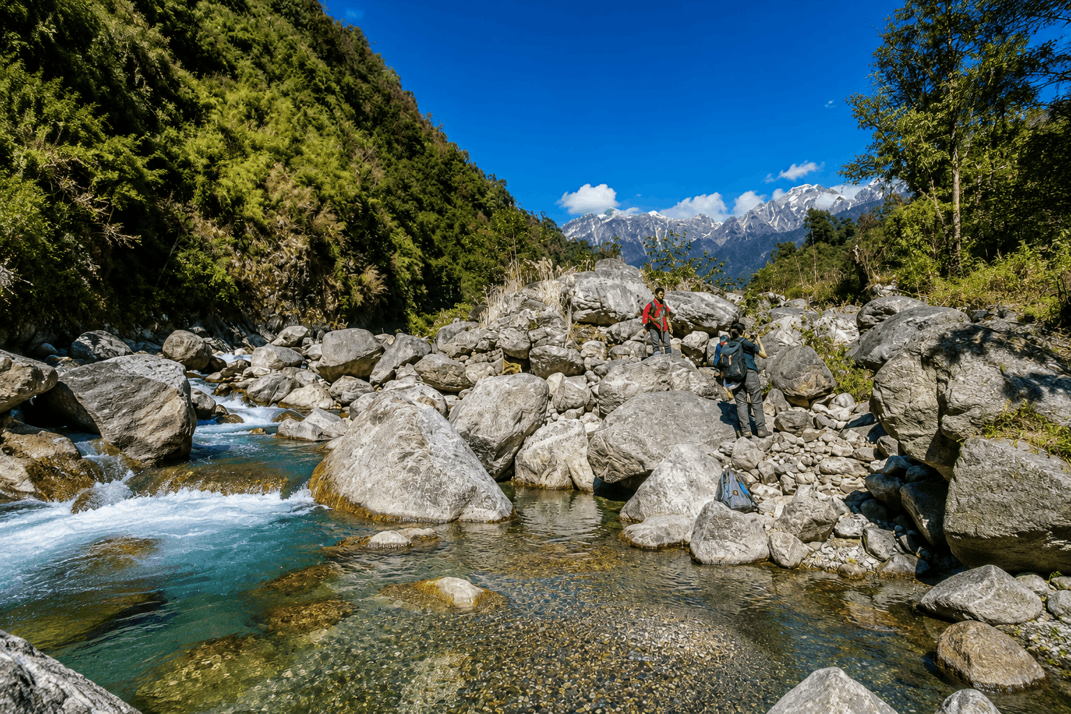 A hidden waterfall along a Sikkim forest trail.