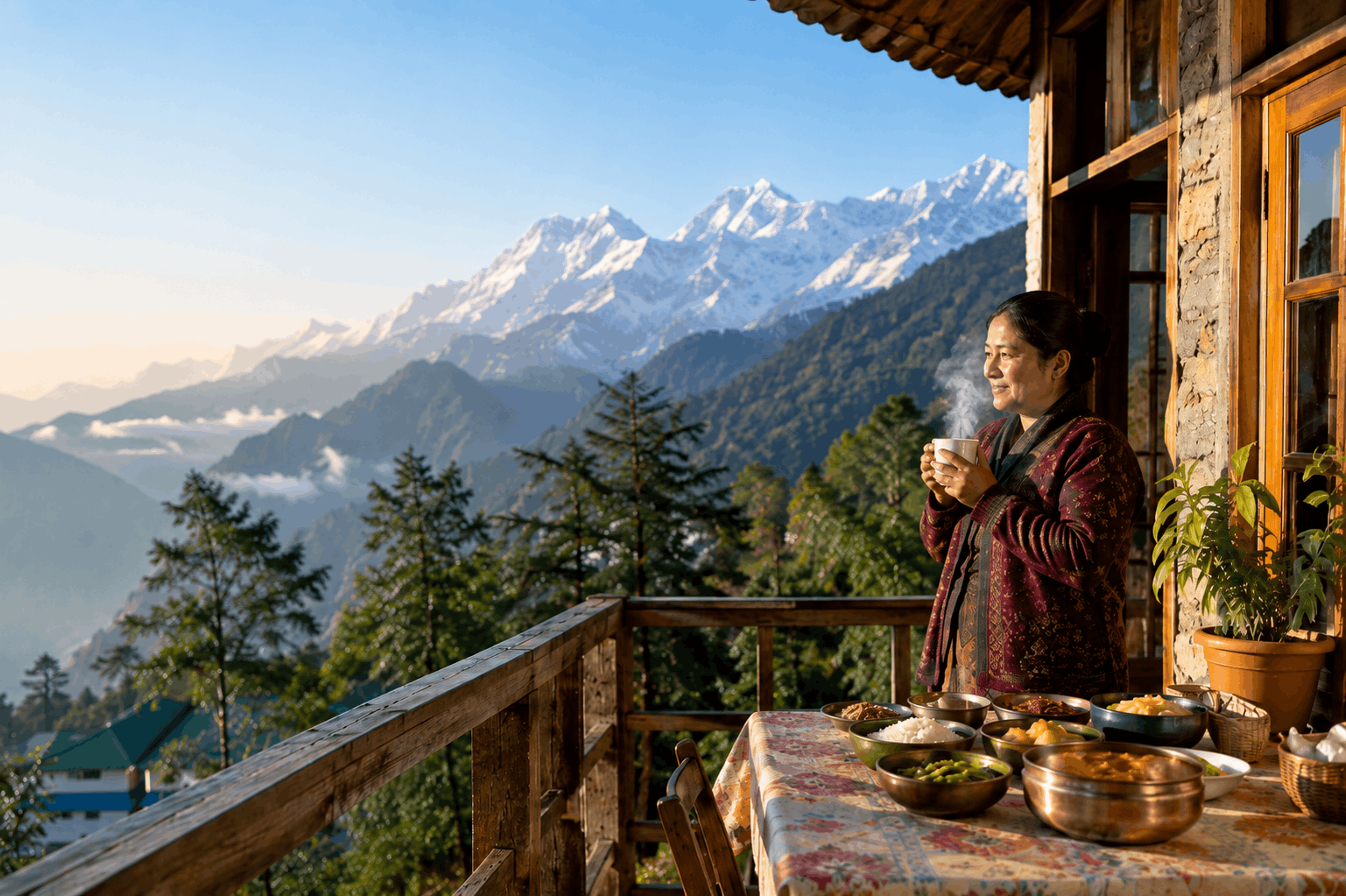 A warm Sikkimese homestay at sunrise.