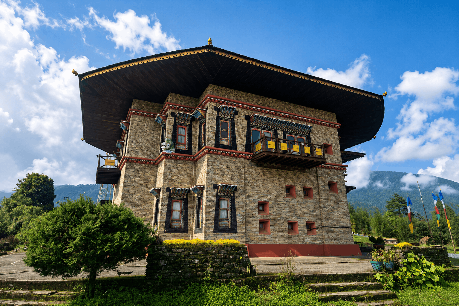 A traditional monastery with mountain village architecture.