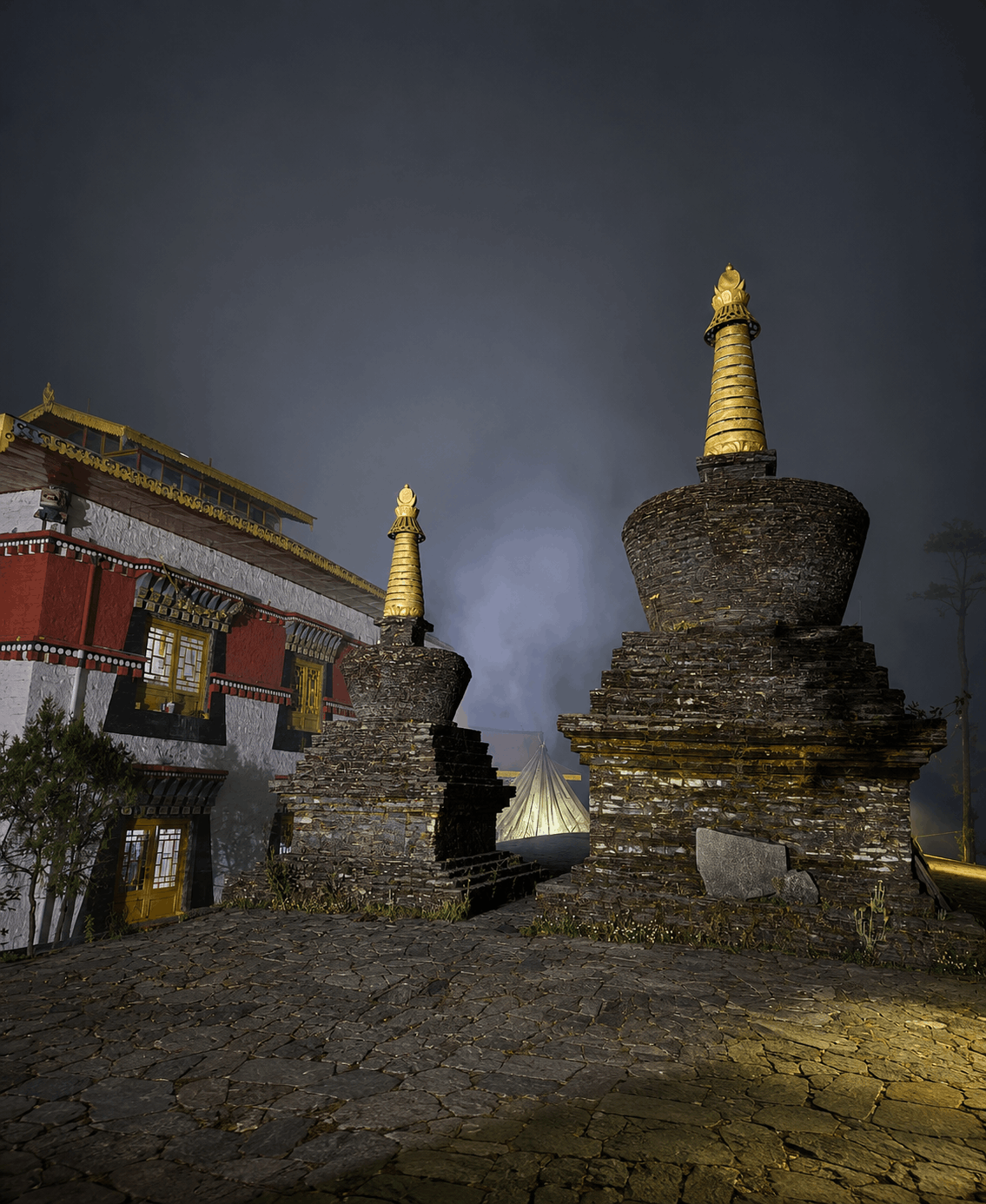 Morning mist around a mountain monastery in Sikkim.