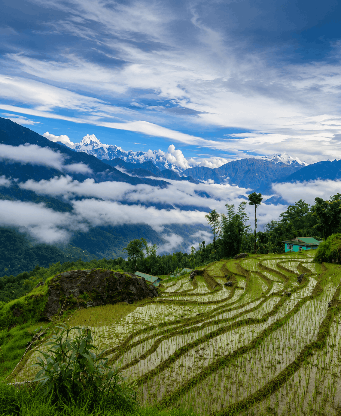 A traveller walking an unmarked mountain road through a Sikkimese village.